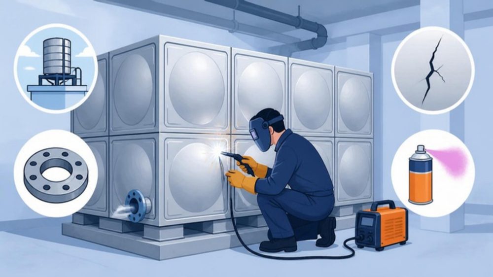 저수조 이음을 용접하는 기술자와 고가수조·플랜지·크랙 아이콘
